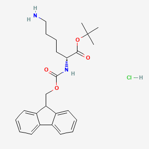 (R)-tert-Butyl 2-((((9H-fluoren-9-yl)methoxy)carbonyl)amino)-6-aminohexanoate hydrochloride chemical structure (CAS 2413365-27-0)