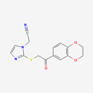 2-(2-((2-(2,3-Dihydrobenzo[b][1,4]dioxin-6-yl)-2-oxoethyl)thio)-1H-imidazol-1-yl)acetonitrile chemical structure (CAS 2418577-51-0)