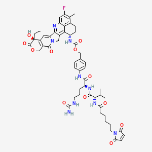 4-((S)-2-((S)-2-(6-(2,5-Dioxo-2,5-dihydro-1H-pyrrol-1-yl)hexanamido)-3-methylbutanamido)-5-ureidopentanamido)benzyl ((1S,9S)-9-ethyl-5-fluoro-9-hydroxy-4-methyl-10,13-dioxo-2,3,9,10,13,15-hexahydro-1H,12H-benzo[de]pyrano[3',4':6,7]indolizino[1,2-b]quinolin-1-yl)carbamate chemical structure (CAS 2504068-28-2)