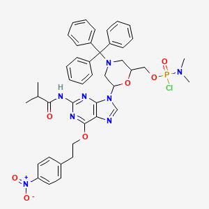 (6-(2-Isobutyramido-6-(4-nitrophenethoxy)-9H-purin-9-yl)-4-tritylmorpholin-2-yl)methyl dimethylphosphoramidochloridate chemical structure (CAS 2504201-88-9)