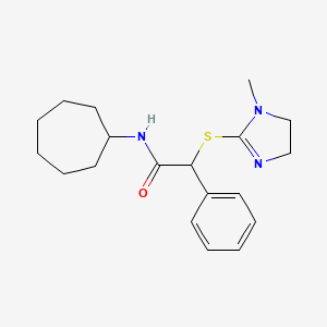 N-Cycloheptyl-2-((1-methyl-4,5-dihydro-1H-imidazol-2-yl)thio)-2-phenylacetamide chemical structure (CAS 2559703-06-7)