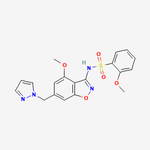 N-(6-((1H-Pyrazol-1-yl)methyl)-4-methoxybenzo[d]isoxazol-3-yl)-2-methoxybenzenesulfonamide chemical structure (CAS 2569008-99-5)