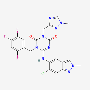 (E)-6-((6-Chloro-2-methyl-2H-indazol-5-yl)imino)-3-((1-methyl-1H-1,2,4-triazol-3-yl)methyl)-1-(2,4,5-trifluorobenzyl)-1,3,5-triazinane-2,4-dione chemical structure (CAS 2647530-73-0)