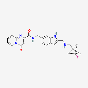 N-((2-((((3-Fluorobicyclo[1.1.1]pentan-1-yl)methyl)amino)methyl)-1H-indol-6-yl)methyl)-4-oxo-4H-pyrido[1,2-a]pyrimidine-2-carboxamide chemical structure (CAS 2648257-77-4)
