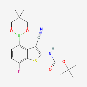 tert-Butyl (3-cyano-4-(5,5-dimethyl-1,3,2-dioxaborinan-2-yl)-7-fluorobenzo[b]thiophen-2-yl)carbamate chemical structure (CAS 2649788-80-5)