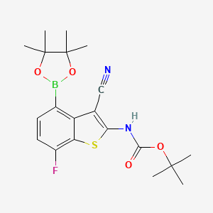 tert-Butyl (3-cyano-7-fluoro-4-(4,4,5,5-tetramethyl-1,3,2-dioxaborolan-2-yl)benzo[b]thiophen-2-yl)carbamate chemical structure (CAS 2761968-90-3)