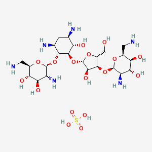 (2S,3S,4R,5R,6R)-5-Amino-2-(aminomethyl)-6-(((2R,3S,4R,5S)-5-(((1R,2R,3S,5R,6S)-3,5-diamino-2-(((2R,3R,4R,5S,6R)-3-amino-6-(aminomethyl)-4,5-dihydroxytetrahydro-2H-pyran-2-yl)oxy)-6-hydroxycyclohexyl)oxy)-4-hydroxy-2-(hydroxymethyl)tetrahydrofuran-3-yl)oxy)tetrahydro-2H-pyran-3,4-diol xsulfate chemical structure (CAS 28002-70-2)