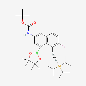 tert-Butyl (6-fluoro-4-(4,4,5,5-tetramethyl-1,3,2-dioxaborolan-2-yl)-5-((triisopropylsilyl)ethynyl)naphthalen-2-yl)carbamate chemical structure (CAS 2839207-57-5)
