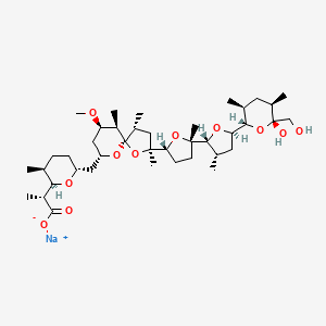 Sodium (R)-2-((2R,3S,6R)-6-(((2S,4R,5R,7R,9R,10R)-2-((2S,2'R,3'S,5R,5'R)-5'-((2S,3S,5R,6R)-6-hydroxy-6-(hydroxymethyl)-3,5-dimethyltetrahydro-2H-pyran-2-yl)-2,3'-dimethyloctahydro-[2,2'-bifuran]-5-yl)-9-methoxy-2,4,10-trimethyl-1,6-dioxaspiro[4.5]decan-7-yl)methyl)-3-methyltetrahydro-2H-pyran-2-yl)propanoate chemical structure (CAS 28643-80-3)