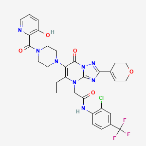 N-(2-Chloro-4-(trifluoromethyl)phenyl)-2-(2-(3,6-dihydro-2H-pyran-4-yl)-5-ethyl-6-(4-(3-hydroxypicolinoyl)piperazin-1-yl)-7-oxo-[1,2,4]triazolo[1,5-a]pyrimidin-4(7H)-yl)acetamide chemical structure (CAS 2869954-98-1)