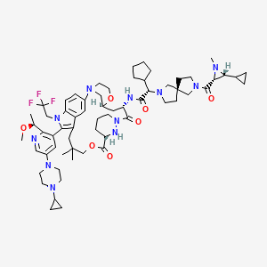 (2S)-2-Cyclopentyl-2-((S)-7-((2R,3R)-3-cyclopropyl-1-methylaziridine-2-carbonyl)-2,7-diazaspiro[4.4]nonan-2-yl)-N-((22S,63S,4S)-12-(5-(4-cyclopropylpiperazin-1-yl)-2-((S)-1-methoxyethyl)pyridin-3-yl)-10,10-dimethyl-5,7-dioxo-11-(2,2,2-trifluoroethyl)-61,62,63,64,65,66-hexahydro-11H-8-oxa-2(4,2)-morpholina-1(5,3)-indola-6(1,3)-pyridazinacycloundecaphane-4-yl)acetamide chemical structure (CAS 2922732-54-3)