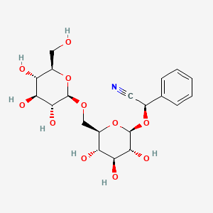 (R)-2-Phenyl-2-(((2R,3R,4S,5S,6R)-3,4,5-trihydroxy-6-((((2R,3R,4S,5S,6R)-3,4,5-trihydroxy-6-(hydroxymethyl)tetrahydro-2H-pyran-2-yl)oxy)methyl)tetrahydro-2H-pyran-2-yl)oxy)acetonitrile chemical structure (CAS 29883-15-6)