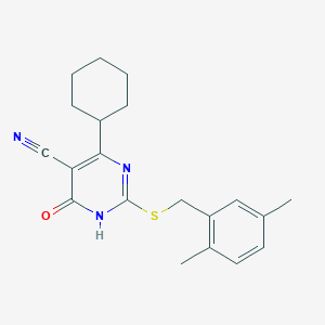 4-Cyclohexyl-2-((2,5-dimethylbenzyl)thio)-6-oxo-1,6-dihydropyrimidine-5-carbonitrile chemical structure (CAS 301177-43-5)