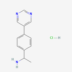 1-(4-(Pyrimidin-5-yl)phenyl)ethan-1-amine hydrochloride chemical structure (CAS 3026670-19-6)