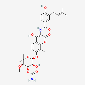 (3R,4S,5R,6R)-5-Hydroxy-6-((4-hydroxy-3-(4-hydroxy-3-(3-methylbut-2-en-1-yl)benzamido)-8-methyl-2-oxo-2H-chromen-7-yl)oxy)-3-methoxy-2,2-dimethyltetrahydro-2H-pyran-4-yl carbamate chemical structure (CAS 303-81-1)