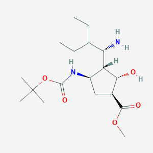 Methyl (1S,2S,3S,4R)-3-((S)-1-amino-2-ethylbutyl)-4-((tert-butoxycarbonyl)amino)-2-hydroxycyclopentane-1-carboxylate chemical structure (CAS 316173-29-2)
