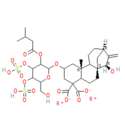 (2S,4aS,6aR,7S,9R,11aS,11bS)-7-Hydroxy-2-(((2R,3R,4R,5R,6R)-6-(hydroxymethyl)-3-((3-methylbutanoyl)oxy)-4,5-bis(sulfooxy)tetrahydro-2H-pyran-2-yl)oxy)-11b-methyl-8-methylenedodecahydro-6a,9-methanocyclohepta[a]naphthalene-4,4(4aH)-dicarboxylic acid dipotassium salt chemical structure (CAS 33286-30-5)