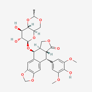 (5R,5aR,8aR,9S)-9-(((4aR,6R,7R,8R,8aS)-7,8-Dihydroxy-2-methylhexahydropyrano[3,2-d][1,3]dioxin-6-yl)oxy)-5-(4-hydroxy-3,5-dimethoxyphenyl)-5,5a,8a,9-tetrahydrofuro[3',4':6,7]naphtho[2,3-d][1,3]dioxol-6(8H)-one chemical structure (CAS 33419-42-0)