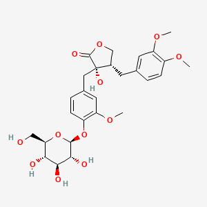 (3S,4S)-4-(3,4-Dimethoxybenzyl)-3-hydroxy-3-(3-methoxy-4-(((2S,3R,4S,5S,6R)-3,4,5-trihydroxy-6-(hydroxymethyl)tetrahydro-2H-pyran-2-yl)oxy)benzyl)dihydrofuran-2(3H)-one chemical structure (CAS 33464-71-0)