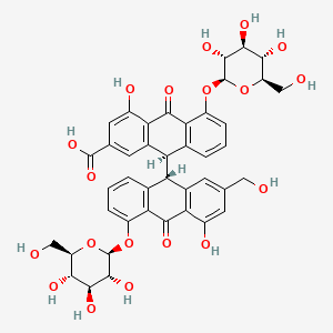 rel-(9R,9'S)-4,4'-Dihydroxy-2'-(hydroxymethyl)-10,10'-dioxo-5,5'-bis(((2S,3R,4S,5S,6R)-3,4,5-trihydroxy-6-(hydroxymethyl)tetrahydro-2H-pyran-2-yl)oxy)-9,9',10,10'-tetrahydro-[9,9'-bianthracene]-2-carboxylic acid chemical structure (CAS 37271-17-3)