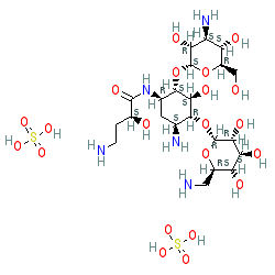 (S)-4-Amino-N-((1R,2S,3S,4R,5S)-5-amino-2-(((2S,3R,4S,5S,6R)-4-amino-3,5-dihydroxy-6-(hydroxymethyl)tetrahydro-2H-pyran-2-yl)oxy)-4-(((2R,3R,4S,5S,6R)-6-(aminomethyl)-3,4,5-trihydroxytetrahydro-2H-pyran-2-yl)oxy)-3-hydroxycyclohexyl)-2-hydroxybutanamide bis(sulfate) chemical structure (CAS 39831-55-5)