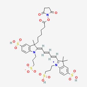 3-(2-(5-(3,3-Dimethyl-5-sulfo-1-(3-sulfopropyl)indolin-2-ylidene)penta-1,3-dien-1-yl)-3-(6-((2,5-dioxopyrrolidin-1-yl)oxy)-6-oxohexyl)-3-methyl-5-sulfo-3H-indol-1-ium-1-yl)propane-1-sulfonate chemical structure (CAS 407627-60-5)
