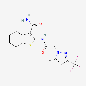2-(2-(5-Methyl-3-(trifluoromethyl)-1H-pyrazol-1-yl)acetamido)-4,5,6,7-tetrahydrobenzo[b]thiophene-3-carboxamide chemical structure (CAS 489408-02-8)