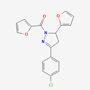 (3-(4-Chlorophenyl)-5-(furan-2-yl)-4,5-dihydro-1H-pyrazol-1-yl)(furan-2-yl)methanone chemical structure (CAS 489413-54-9)