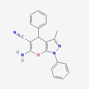 6-Amino-3-methyl-1,4-diphenyl-1,4-dihydropyrano[2,3-c]pyrazole-5-carbonitrile chemical structure (CAS 53316-57-7)