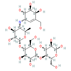(2R,3R,4R,5R)-4-(((2R,3R,4R,5S,6R)-5-(((2R,3R,4S,5S,6R)-3,4-Dihydroxy-6-methyl-5-(((1S,4R,5S,6S)-4,5,6-trihydroxy-3-(hydroxymethyl)cyclohex-2-en-1-yl)amino)tetrahydro-2H-pyran-2-yl)oxy)-3,4-dihydroxy-6-(hydroxymethyl)tetrahydro-2H-pyran-2-yl)oxy)-2,3,5,6-tetrahydroxyhexanal chemical structure (CAS 56180-94-0)
