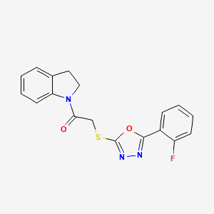 2-((5-(2-Fluorophenyl)-1,3,4-oxadiazol-2-yl)thio)-1-(indolin-1-yl)ethanone chemical structure (CAS 571904-77-3)
