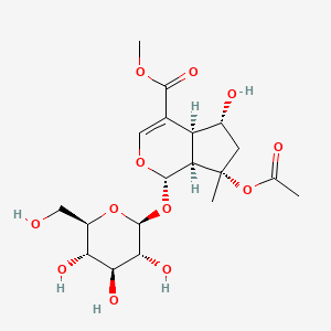 Methyl (1S,4aS,5R,7S,7aS)-7-acetoxy-5-hydroxy-7-methyl-1-(((2S,3R,4S,5S,6R)-3,4,5-trihydroxy-6-(hydroxymethyl)tetrahydro-2H-pyran-2-yl)oxy)-1,4a,5,6,7,7a-hexahydrocyclopenta[c]pyran-4-carboxylate chemical structure (CAS 57420-46-9)