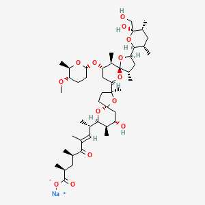 Sodium (2S,4R,8S,E)-8-((2S,2'R,4'S,5R,5'S,7R,7'R,8R,9S,9'S,10'R)-9-hydroxy-2'-((2S,3S,5R,6R)-6-hydroxy-6-(hydroxymethyl)-3,5-dimethyltetrahydro-2H-pyran-2-yl)-9'-(((2S,5S,6R)-5-methoxy-6-methyltetrahydro-2H-pyran-2-yl)oxy)-2,4',8,10'-tetramethyl-1,1',6,6'-tetraoxa[2,7'-bispiro[4.5]decan]-7-yl)-2,4,6-trimethyl-5-oxonon-6-enoate chemical structure (CAS 65101-87-3)