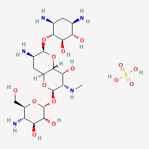 (2R,3R,4S,5S,6S)-5-Amino-2-(((2R,3S,4R,4aR,6S,7R,8aS)-7-amino-6-(((1R,2R,3S,4R,6S)-4,6-diamino-2,3-dihydroxycyclohexyl)oxy)-4-hydroxy-3-(methylamino)octahydropyrano[3,2-b]pyran-2-yl)oxy)-6-(hydroxymethyl)tetrahydro-2H-pyran-3,4-diol xsulfate chemical structure (CAS 65710-07-8)