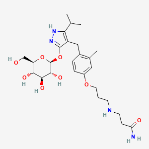 3-((3-(4-((5-Isopropyl-3-(((2S,3R,4S,5S,6R)-3,4,5-trihydroxy-6-(hydroxymethyl)tetrahydro-2H-pyran-2-yl)oxy)-1H-pyrazol-4-yl)methyl)-3-methylphenoxy)propyl)amino)propanamide chemical structure (CAS 666842-36-0)