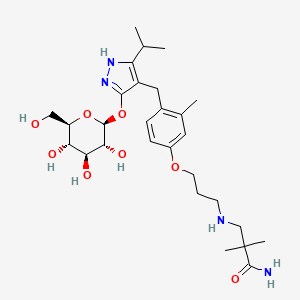 3-((3-(4-((5-Isopropyl-3-(((2S,3R,4S,5S,6R)-3,4,5-trihydroxy-6-(hydroxymethyl)tetrahydro-2H-pyran-2-yl)oxy)-1H-pyrazol-4-yl)methyl)-3-methylphenoxy)propyl)amino)-2,2-dimethylpropanamide chemical structure (CAS 666843-10-3)