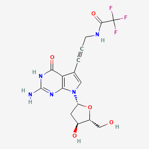 N-(3-(2-Amino-7-((2R,4S,5R)-4-hydroxy-5-(hydroxymethyl)tetrahydrofuran-2-yl)-4-oxo-4,7-dihydro-3H-pyrrolo[2,3-d]pyrimidin-5-yl)prop-2-yn-1-yl)-2,2,2-trifluoroacetamide chemical structure (CAS 666847-77-4)