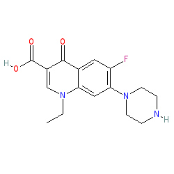 1-Ethyl-6-fluoro-4-oxo-7-(piperazin-1-yl)-1,4-dihydroquinoline-3-carboxylic acid chemical structure (CAS 70458-96-7)