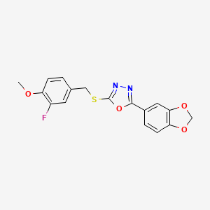 2-(Benzo[d][1,3]dioxol-5-yl)-5-((3-fluoro-4-methoxybenzyl)thio)-1,3,4-oxadiazole chemical structure (CAS 757198-76-8)
