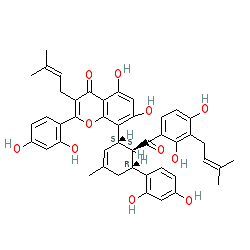8-((1R,2S,3S)-2-(2,4-Dihydroxy-3-(3-methylbut-2-en-1-yl)benzoyl)-2',4'-dihydroxy-5-methyl-1,2,3,6-tetrahydro-[1,1'-biphenyl]-3-yl)-2-(2,4-dihydroxyphenyl)-5,7-dihydroxy-3-(3-methylbut-2-en-1-yl)-4H-chromen-4-one chemical structure (CAS 76472-87-2)