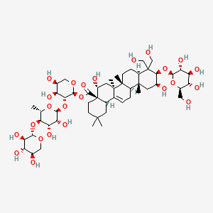 (2S,3R,4S,5S)-3-(((2S,3R,4S,5R,6S)-3,4-Dihydroxy-6-methyl-5-(((2S,3R,4S,5R)-3,4,5-trihydroxytetrahydro-2H-pyran-2-yl)oxy)tetrahydro-2H-pyran-2-yl)oxy)-4,5-dihydroxytetrahydro-2H-pyran-2-yl (4aR,5R,6aS,6bR,8aR,10R,11S,12aR,12bR,14bS)-5,11-dihydroxy-9,9-bis(hydroxymethyl)-2,2,6a,6b,12a-pentamethyl-10-(((2R,3R,4S,5S,6R)-3,4,5-trihydroxy-6-(hydroxymethyl)tetrahydro-2H-pyran-2-yl)oxy)-1,3,4,5,6,6a,6b,7,8,8a,9,10,11,12,12a,12b,13,14b-octadecahydropicene-4a(2H)-carboxylate chemical structure (CAS 78763-58-3)