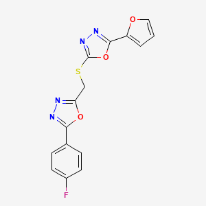 2-(4-Fluorophenyl)-5-(((5-(furan-2-yl)-1,3,4-oxadiazol-2-yl)thio)methyl)-1,3,4-oxadiazole chemical structure (CAS 793729-44-9)