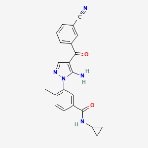 3-(5-Amino-4-(3-cyanobenzoyl)-1H-pyrazol-1-yl)-N-cyclopropyl-4-methylbenzamide chemical structure (CAS 836683-15-9)