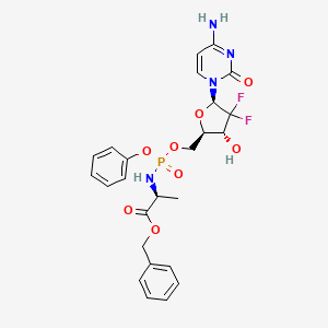 (2S)-Benzyl 2-(((((2R,3R,5R)-5-(4-amino-2-oxopyrimidin-1(2H)-yl)-4,4-difluoro-3-hydroxytetrahydrofuran-2-yl)methoxy)(phenoxy)phosphoryl)amino)propanoate chemical structure (CAS 840506-29-8)