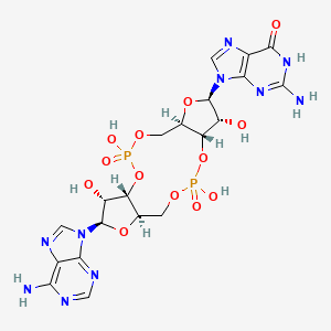 2-Amino-9-((2R,3R,3aS,7aR,9R,10R,10aS,14aR)-9-(6-amino-9H-purin-9-yl)-3,5,10,12-tetrahydroxy-5,12-dioxidooctahydro-2H,7H-difuro[3,2-d:3',2'-j][1,3,7,9]tetraoxa[2,8]diphosphacyclododecin-2-yl)-3,9-dihydro-6H-purin-6-one chemical structure (CAS 849214-04-6)