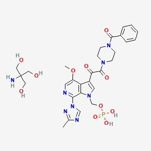 2-Amino-2-(hydroxymethyl)propane-1,3-diol (3-(2-(4-benzoylpiperazin-1-yl)-2-oxoacetyl)-4-methoxy-7-(3-methyl-1H-1,2,4-triazol-1-yl)-1H-pyrrolo[2,3-c]pyridin-1-yl)methyl phosphate chemical structure (CAS 864953-39-9)