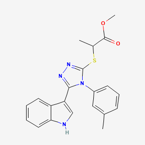Methyl 2-((5-(1H-indol-3-yl)-4-(m-tolyl)-4H-1,2,4-triazol-3-yl)thio)propanoate chemical structure (CAS 867296-94-4)