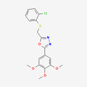 2-(((2-Chlorophenyl)thio)methyl)-5-(3,4,5-trimethoxyphenyl)-1,3,4-oxadiazole chemical structure (CAS 869357-04-0)