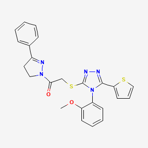 2-((4-(2-Methoxyphenyl)-5-(thiophen-2-yl)-4H-1,2,4-triazol-3-yl)thio)-1-(3-phenyl-4,5-dihydro-1H-pyrazol-1-yl)ethan-1-one chemical structure (CAS 870756-81-3)