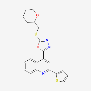 2-(((Tetrahydro-2H-pyran-2-yl)methyl)thio)-5-(2-(thiophen-2-yl)quinolin-4-yl)-1,3,4-oxadiazole chemical structure (CAS 870757-54-3)